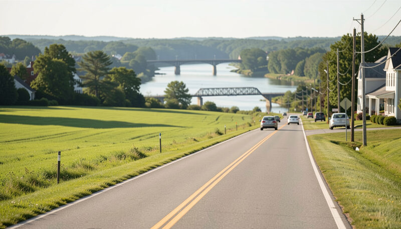 A two lane road descending past fields toward a river and distant bridge