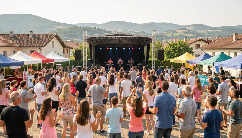 A crowd facing an outdoor music stage with white tents at each side