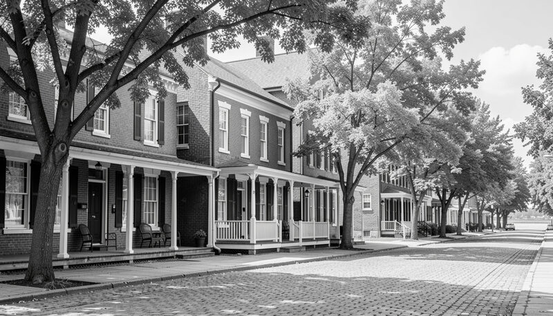 Black and white illustration of old houses, porches and mature street trees