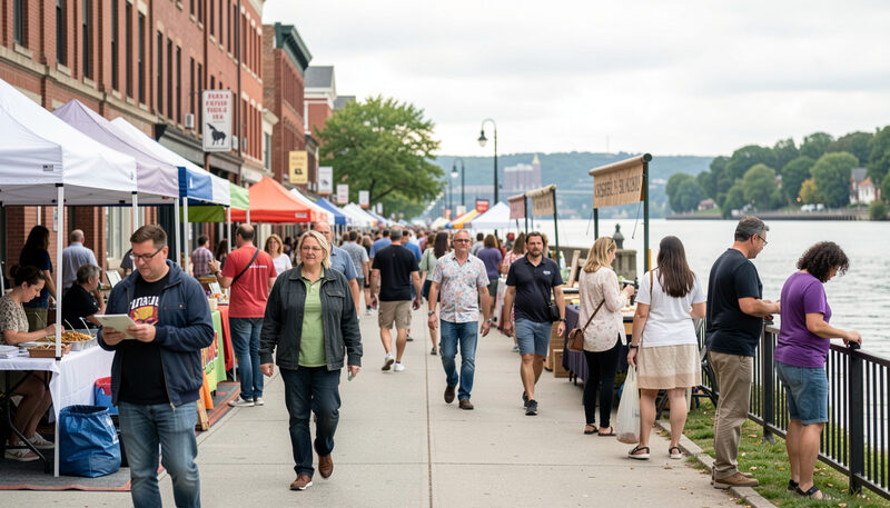 Visitors walking between brick storefronts and white market tents beside a river