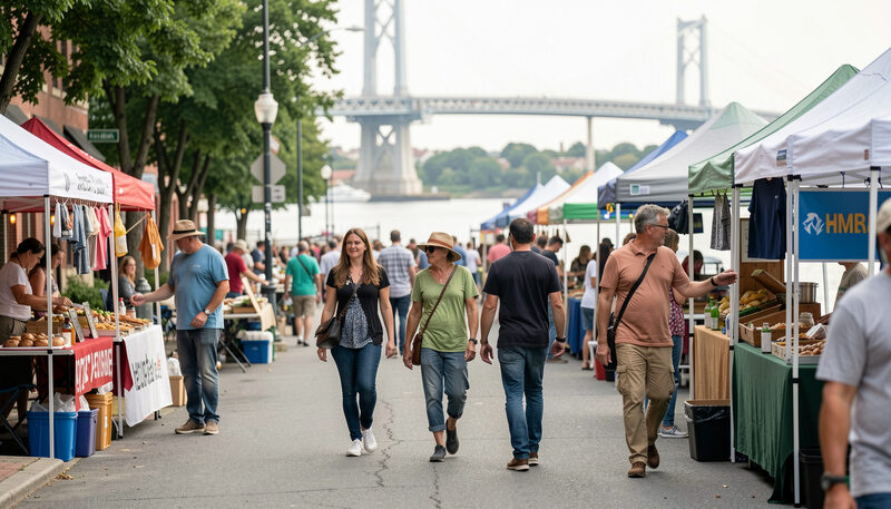 People browsing a line of craft stalls beside the river