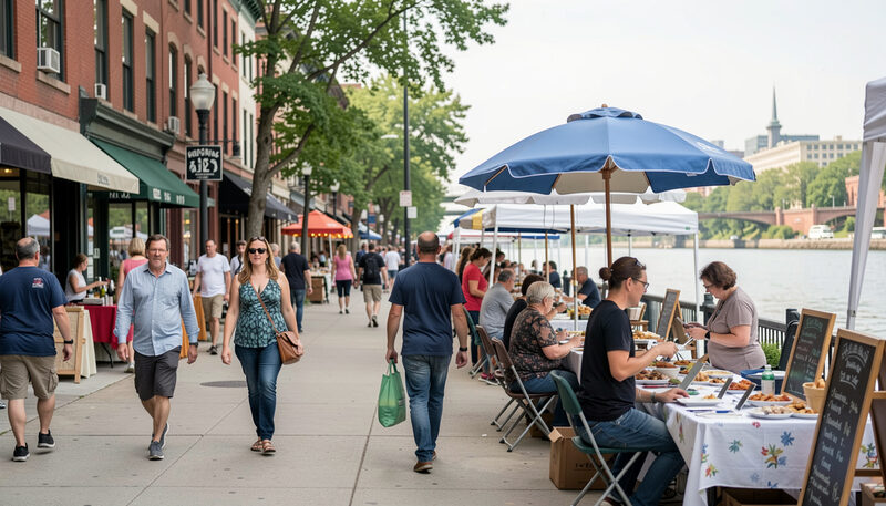 Outdoor café tables and market stalls along a brick street