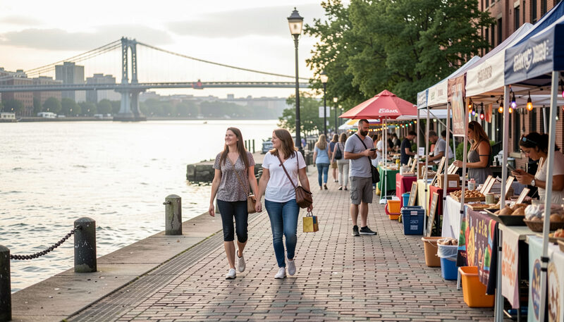 Walkers passing white vendor tents on a riverside path