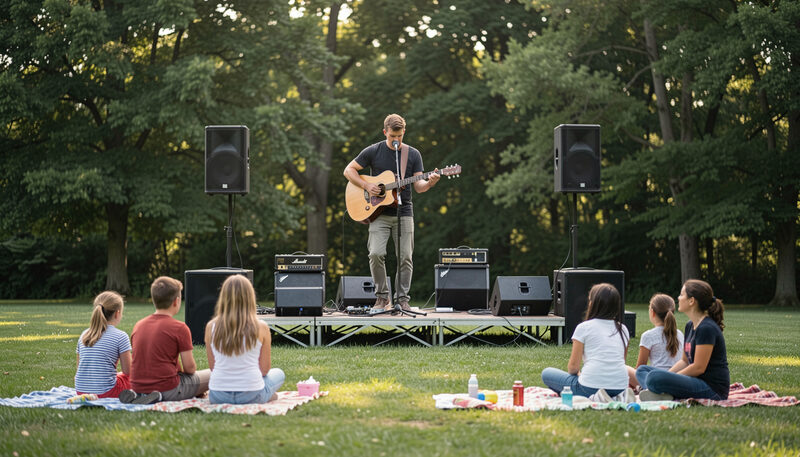 A guitarist on a low stage and listeners sitting on picnic blankets
