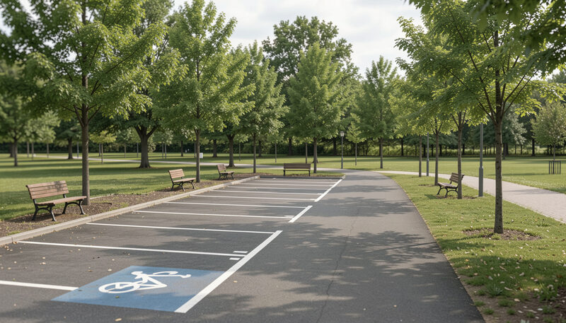 Marked accessible parking bays beside a level park path and benches