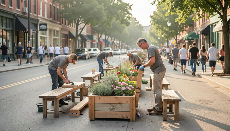 People arranging wooden planters and benches along a main street