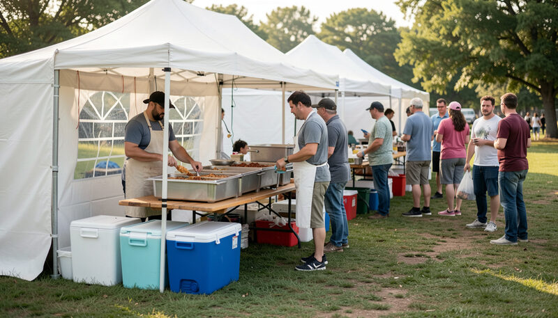 Food servers and visitors under white tents with coolers beside a table